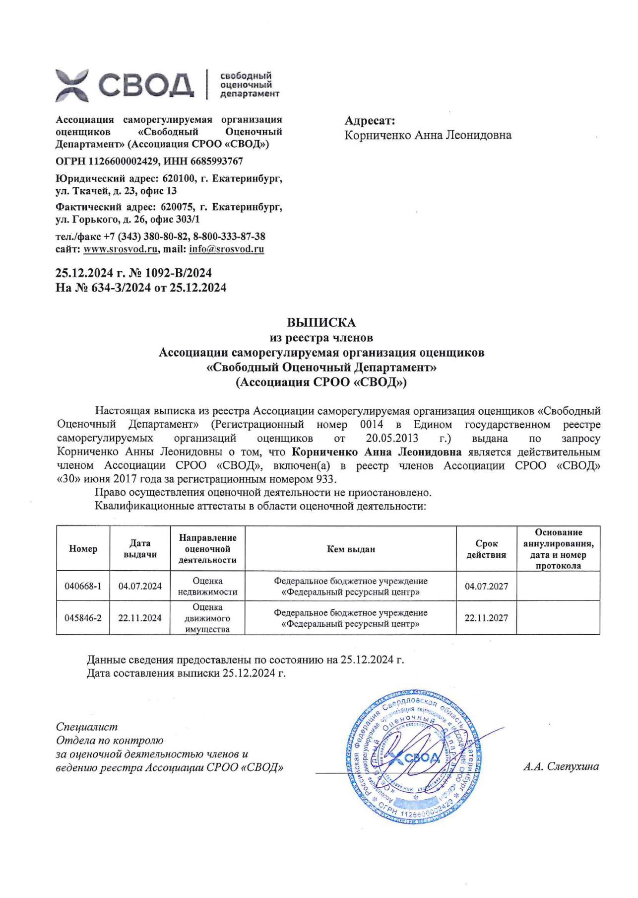 Выписка из СРО
