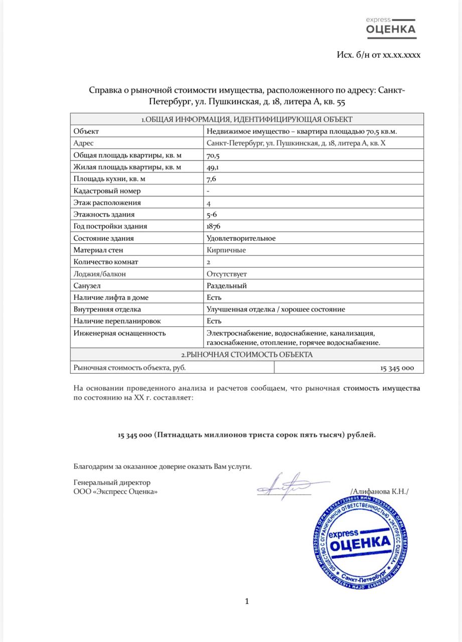 Образец справки о рыночной стоимости